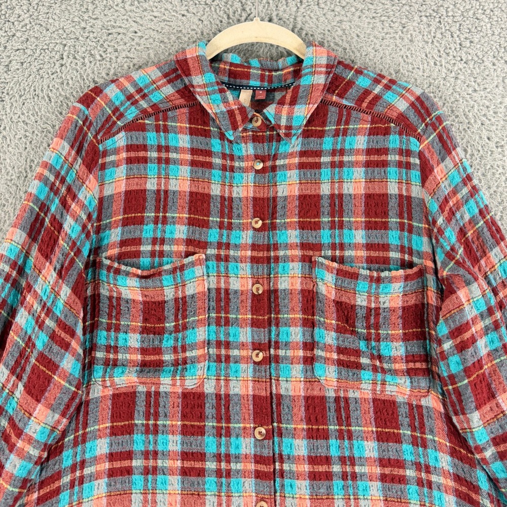 Pilcro Shirt Dress Women Medium Red Turquoise Plaid Crinkle Midi Tunic OB1609132 - Picture 2 of 14